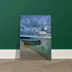 Brushed aluminum print of a tranquil Caribbean beach scene featuring a fisherboat, part of the Idyllic Tulum Travel Collection by CaliCuration.