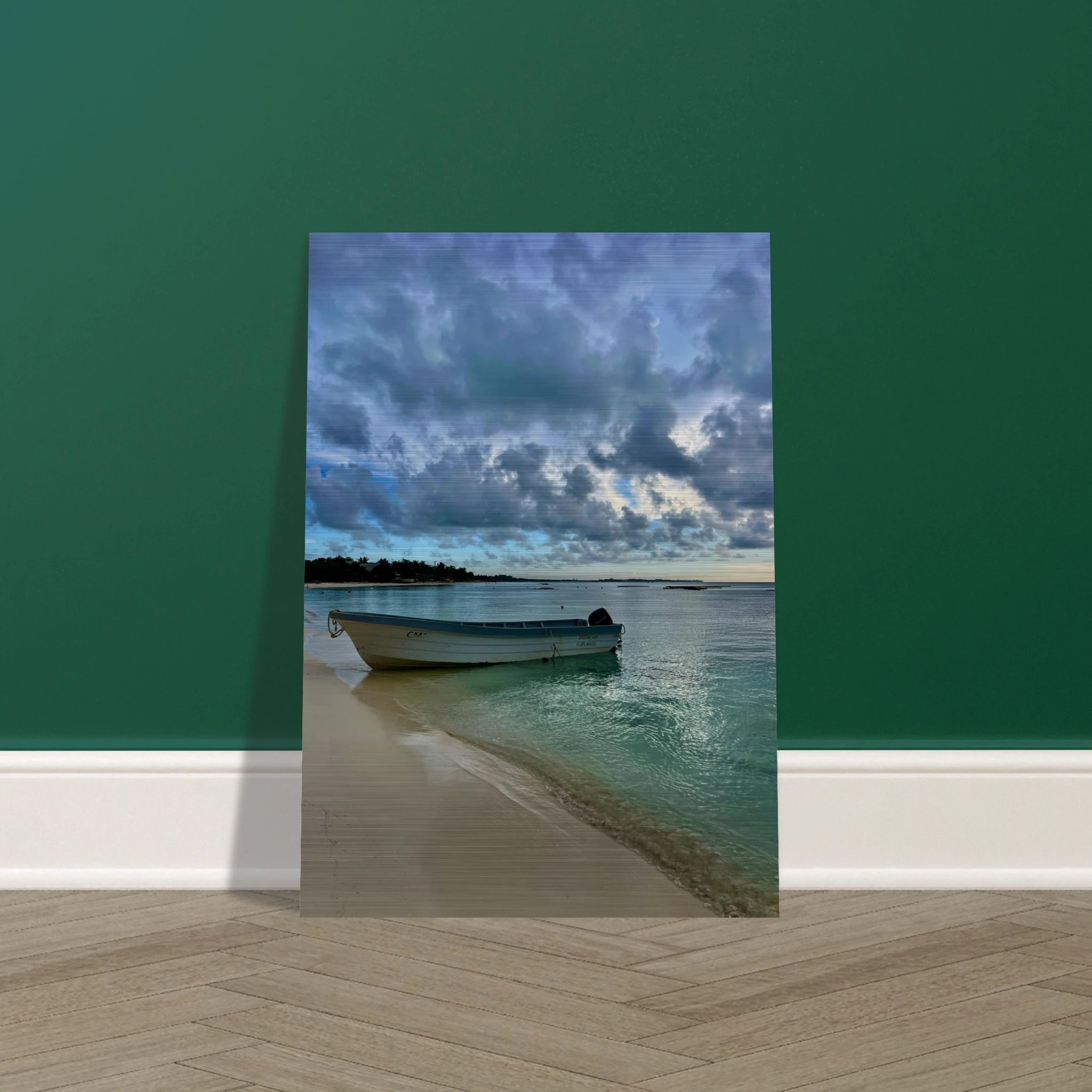Brushed aluminum print of a tranquil Caribbean beach scene featuring a fisherboat, part of the Idyllic Tulum Travel Collection by CaliCuration.