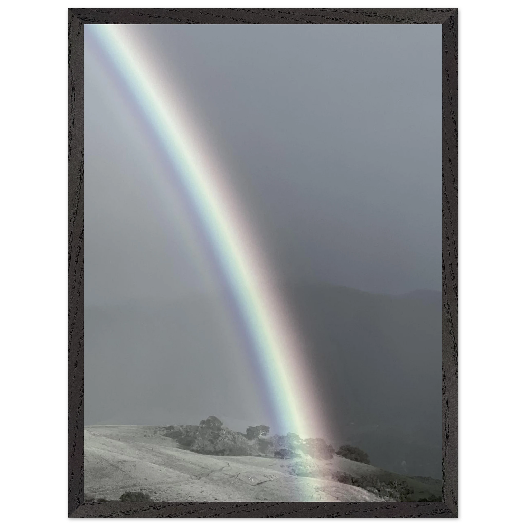 Black and white mounted framed poster of a rainbow after summer storm, part of the California Central Coast travel collection.