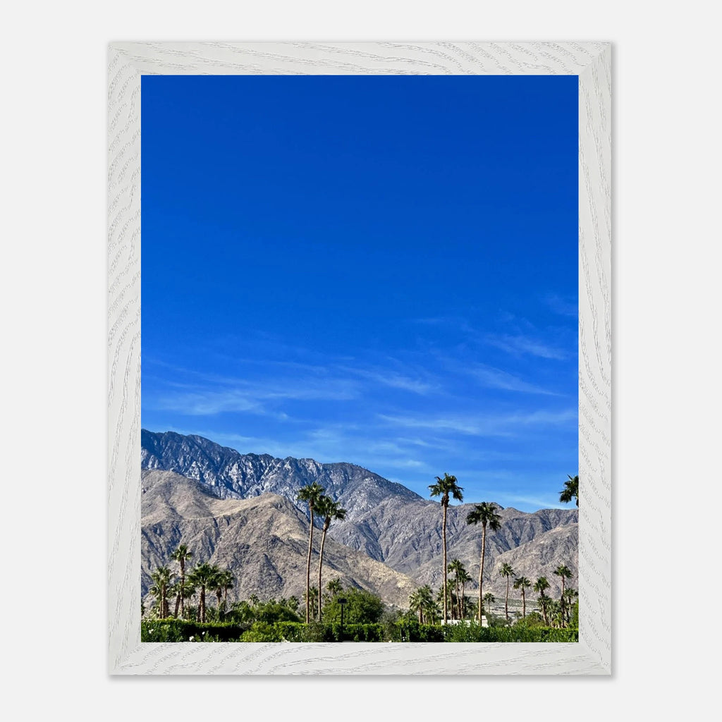 Premium wooden framed poster of a sunny fall day in Palm Springs, California, showcasing vibrant autumn scenery and desert landscape.