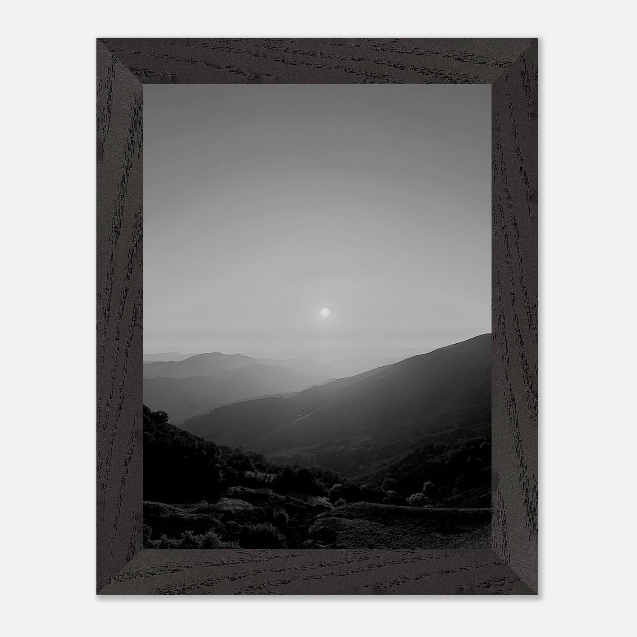 Black and white mounted framed poster of California Central Coast sunset from the Studio Edition travel collection, print material.