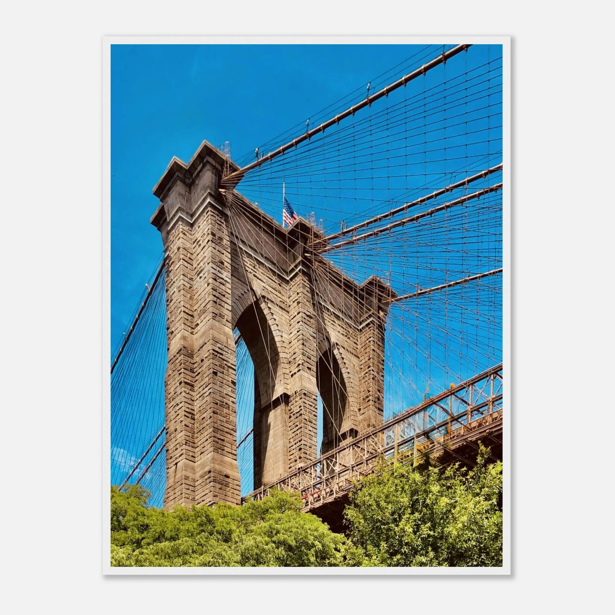 Framed NYC Brooklyn Bridge poster showcasing Dumbo view, part of the My Store travel collection, on high-quality print material.