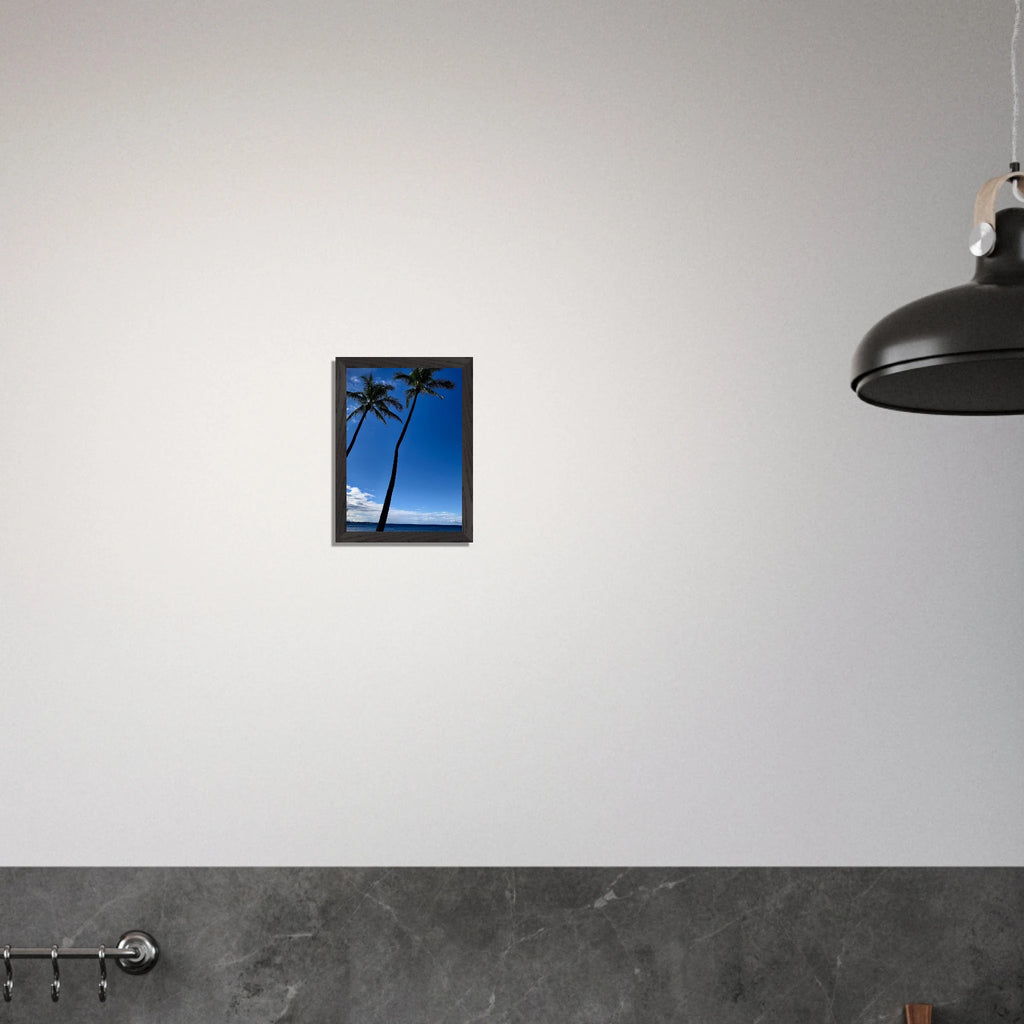 Framed Hawaii travel print featuring iconic palm trees and Pacific waves by CaliCuration, perfect for wall decor.