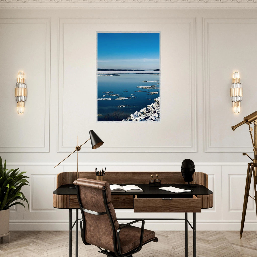 Premium wooden framed Hudson Valley winter poster print by My Store featuring snowy landscape with chic wood framing.