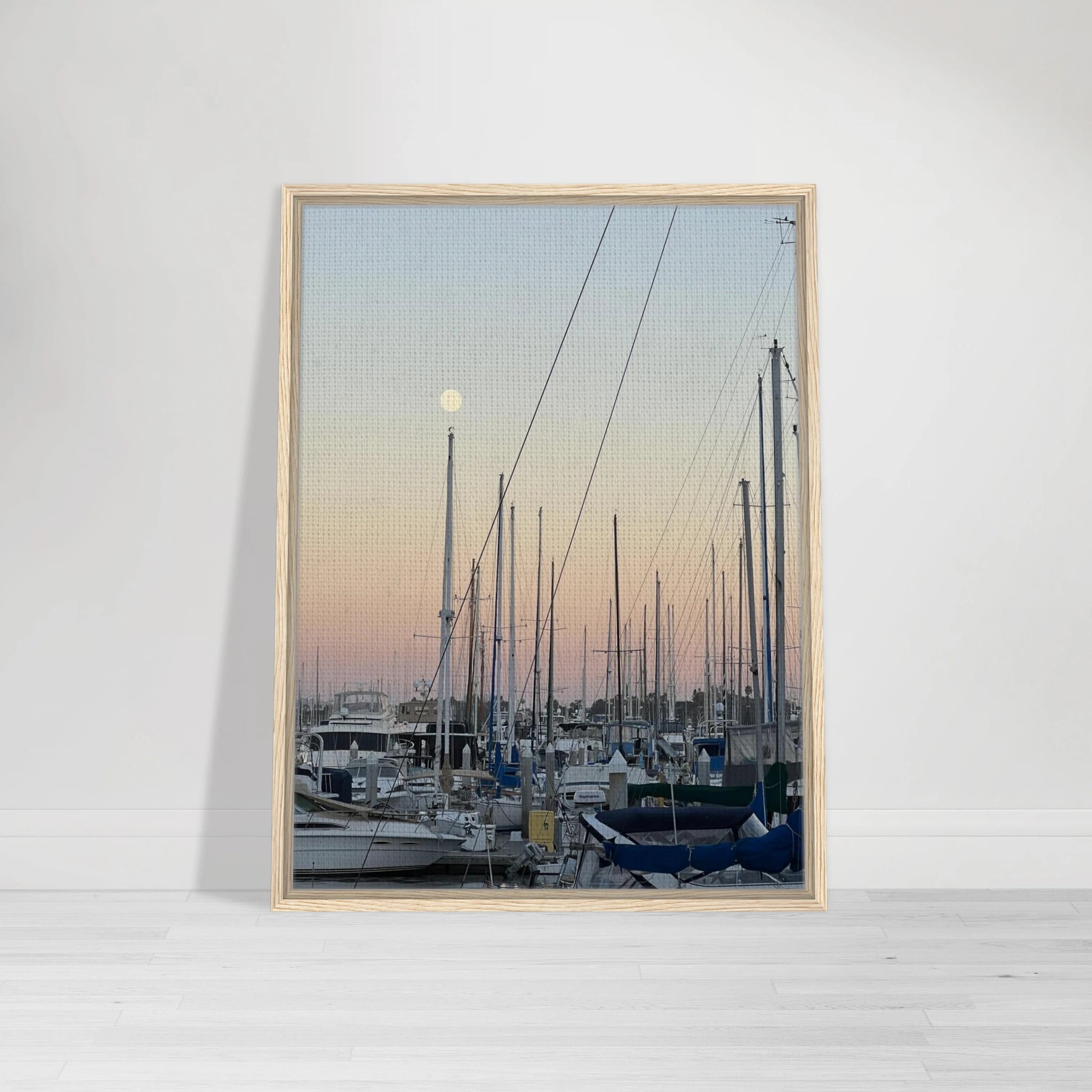 Framed canvas print of Marina Del Rey summer evening with nautical elements and chic tones, showcasing California coastal scenery.