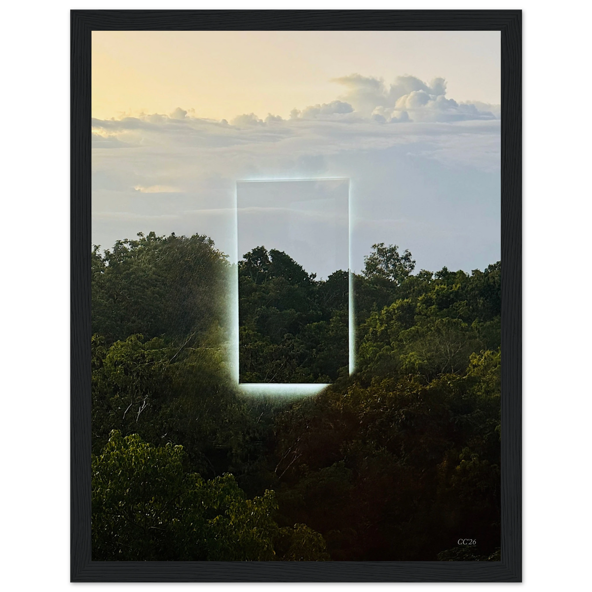 Color print titled A Window into Jungle Stillness by CaliCuration, showcasing lush jungle scenery with vibrant colors.