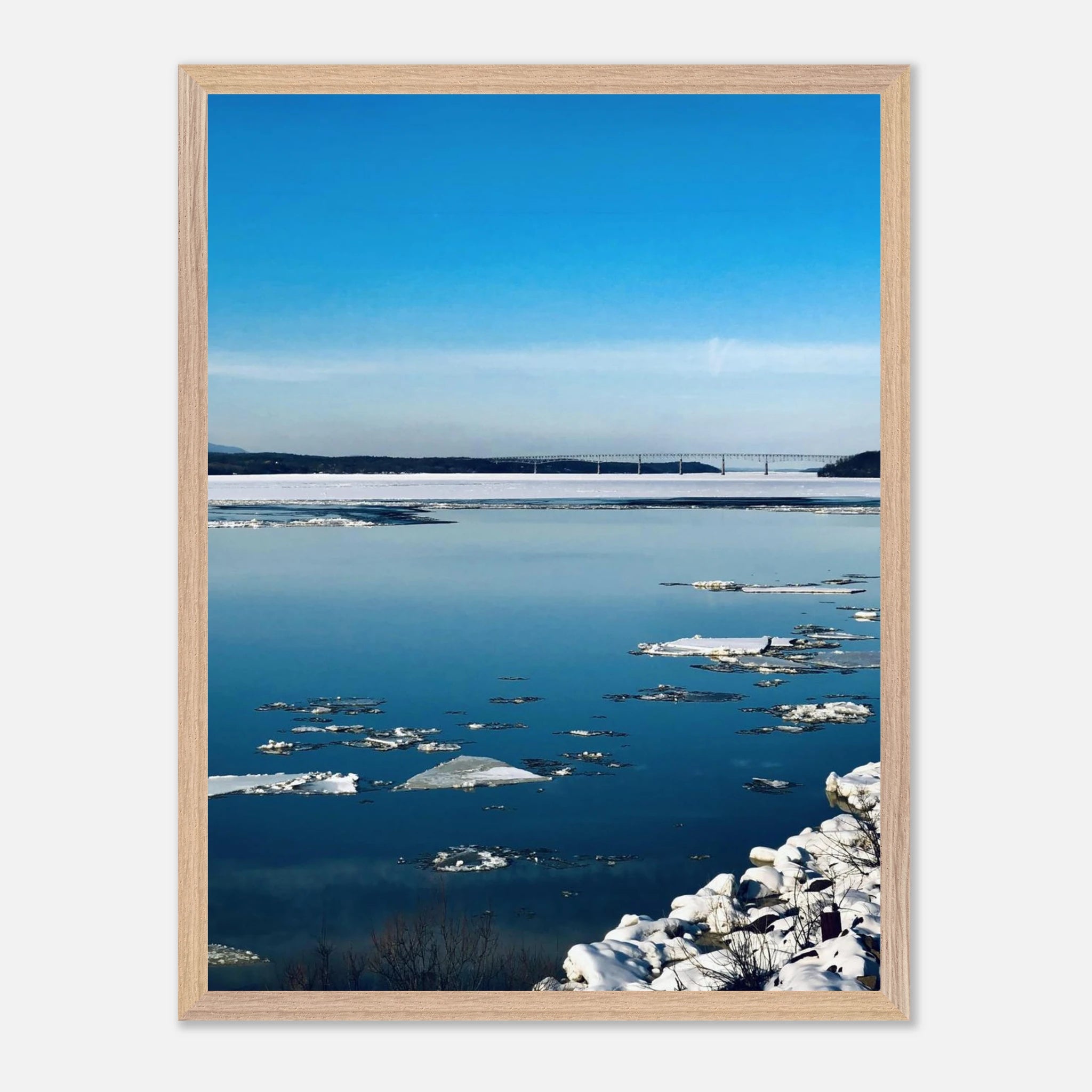 Premium wooden framed Hudson Valley winter poster print by My Store featuring snowy landscape in a chic wood frame.