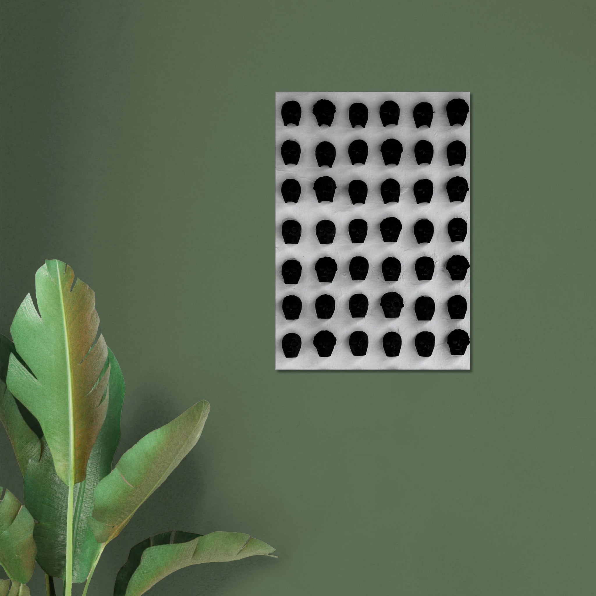 Black and white monochrome skull grid canvas wall art print, minimalist statement photography for modern interior decor.