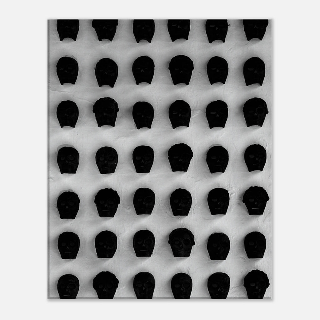 Black and white monochrome skull grid canvas wall art, minimalist abstract photography print for modern home decor.