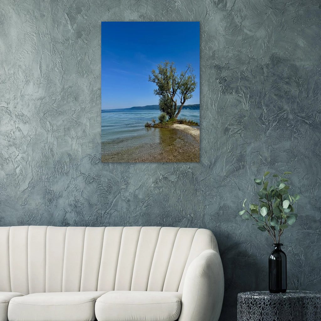 European lake scene featuring a majestic tree on aluminum print, nature-inspired wall art from the Travel Collection by My Store.