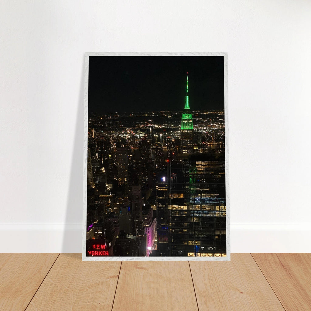 Wood-mounted framed poster of New York City downtown night view featuring the Empire State Building from the Travel Collection by My Store.