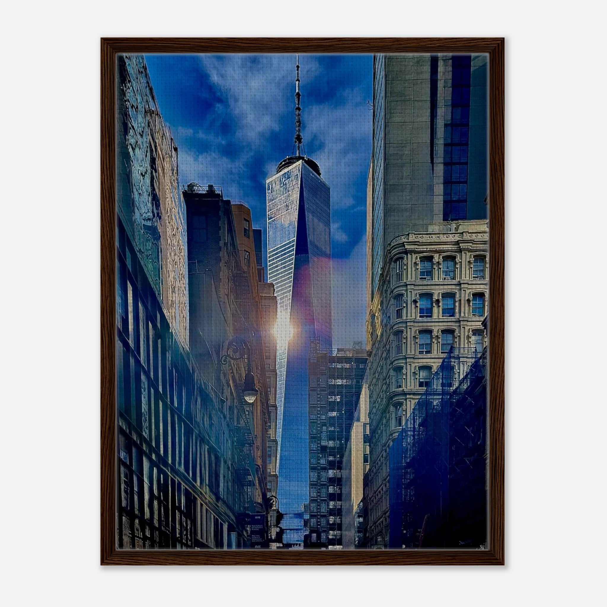 Framed canvas print of sunlight reflecting on One World Trade Center in NYC, from the Travel Collection by My Store.