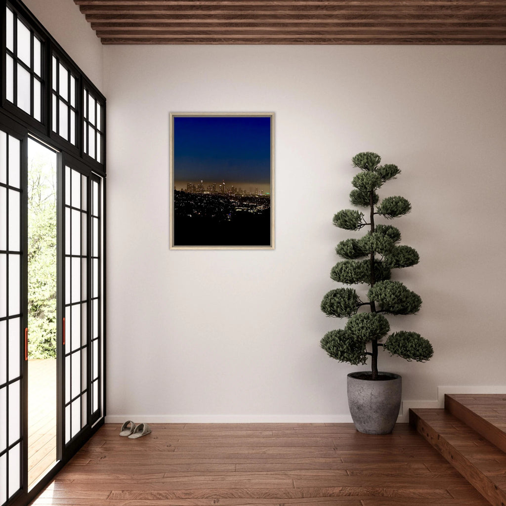 Premium wooden framed canvas print of Los Angeles Downtown Nightglow, elegant home wall art, California Studio Edition.