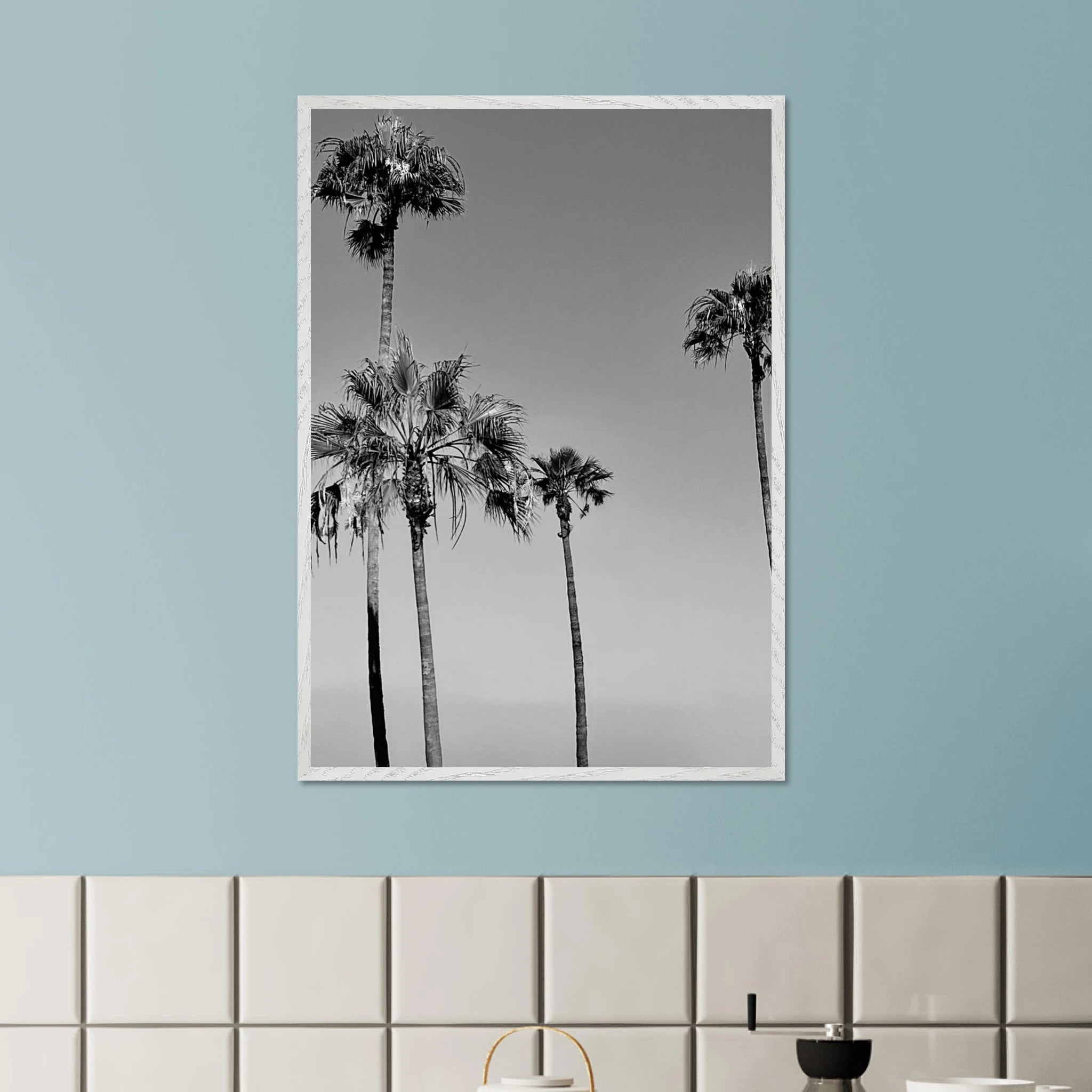 Premium wooden framed poster of black and white California beach icons in semi-glossy finish, part of Studio Edition.