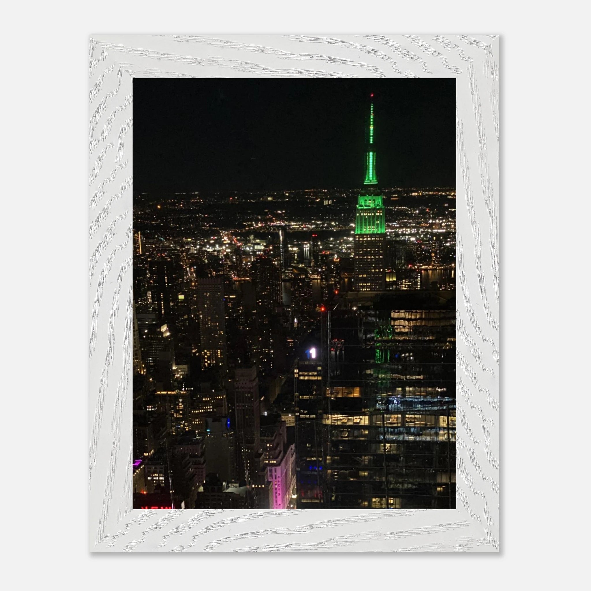 Wood-mounted framed print of NYC downtown night view featuring the Empire State Building, from the Studio Edition Travel Collection.