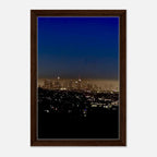 Wooden framed canvas print of Los Angeles Downtown Nightglow, elegant California wall art by My Store, featuring vibrant city skyline at night.