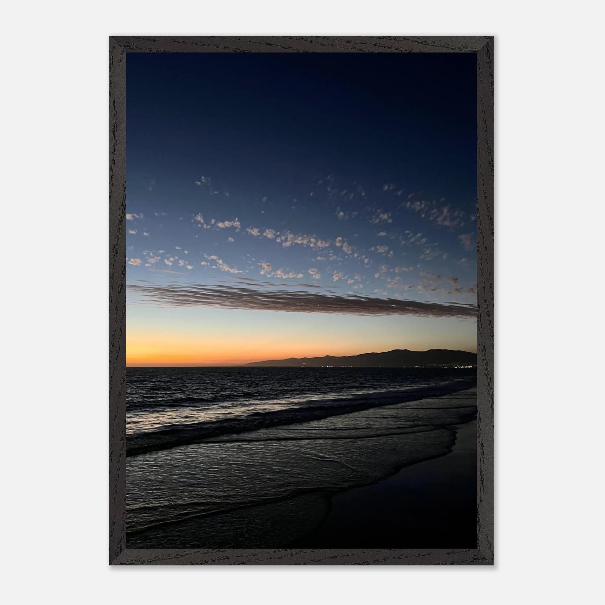Premium wooden framed poster featuring vibrant SoCal fall sunset artwork, ideal for home decor with a semi-glossy finish.