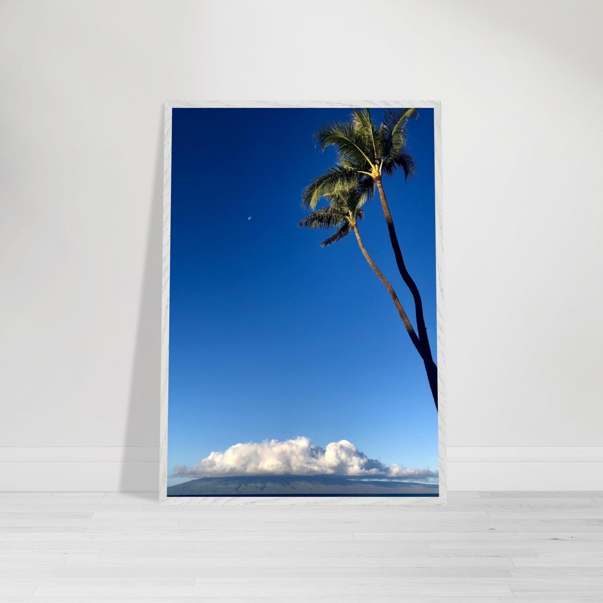 Hawaii Volcano Clouds and Pacific scene framed print by CaliCuration, showcasing vibrant volcanic and ocean views in a mounted poster.