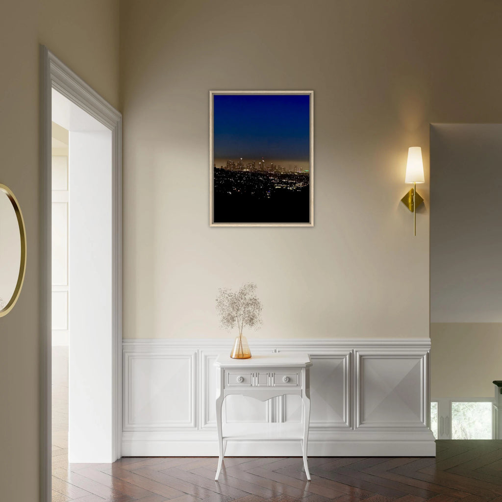 Premium wooden framed canvas print of Los Angeles downtown night glow, elegant home wall art showcasing California cityscape.