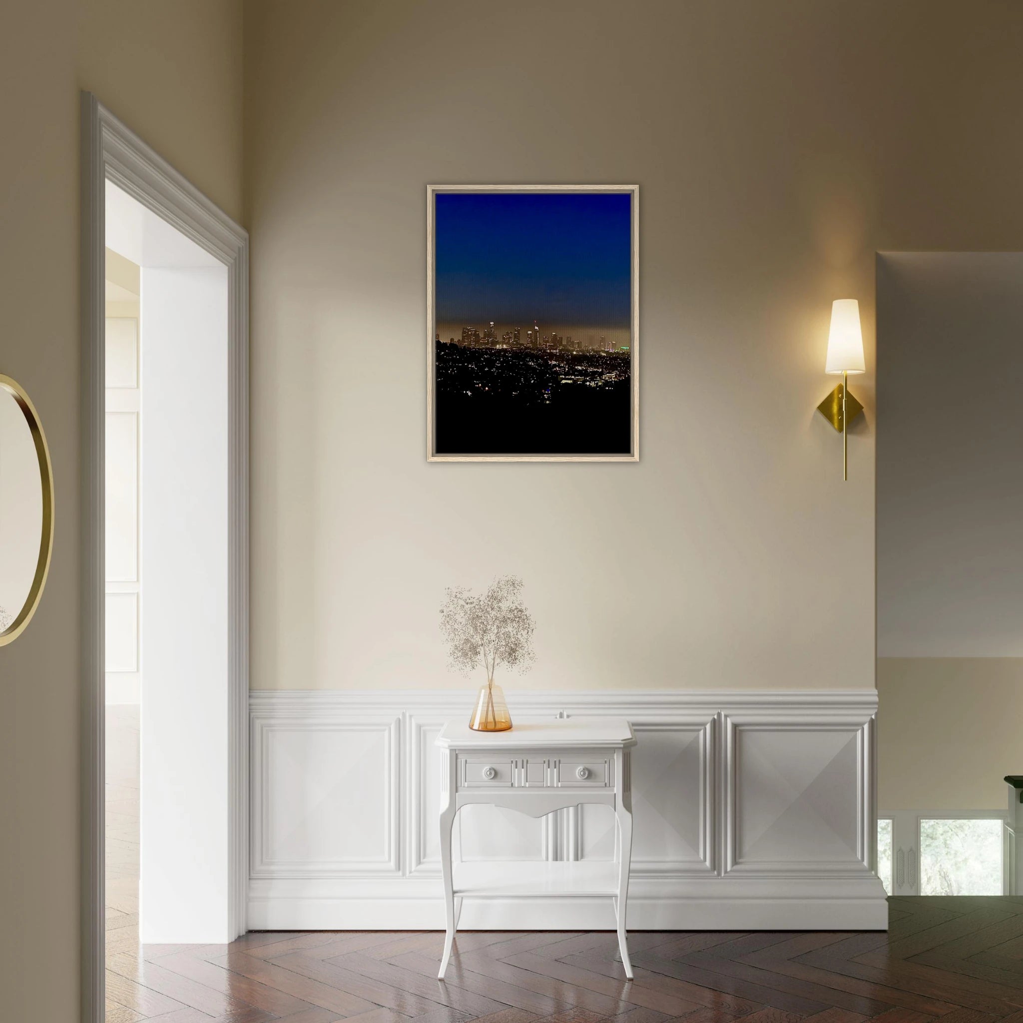 Premium wooden framed canvas print of Los Angeles downtown night glow, elegant home wall art showcasing California cityscape.