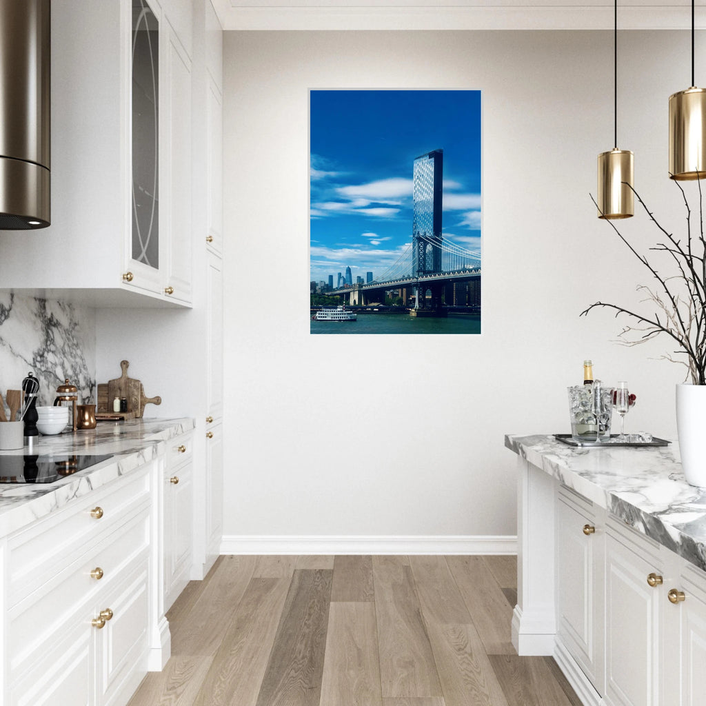 Framed NYC Manhattan Bridge and East River urban photography print, showcasing iconic New York City skyline and bridge details.