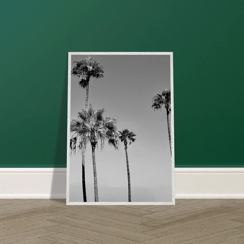 Premium wooden framed black and white California beach icons poster, featuring SoCal art in a semi-glossy finish.