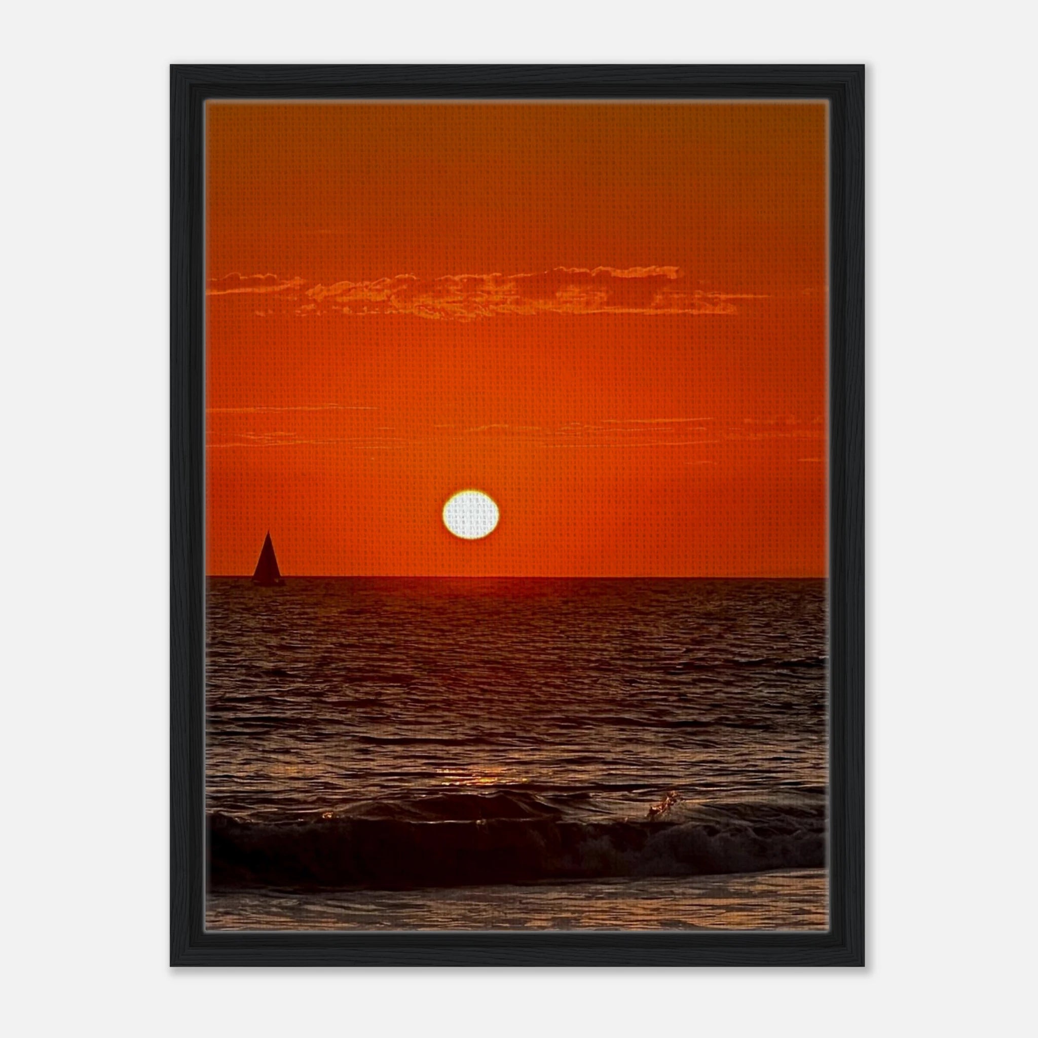 CaliCuration California Red Sunset Series 1/3 framed canvas print with vibrant red hues and artistic sunset scene.