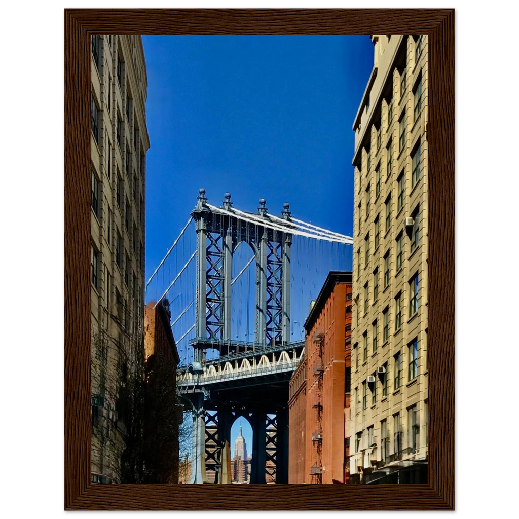 CaliCuration NYC DUMBO Skyline framed print showcasing Brooklyn wall art with vibrant cityscape details.