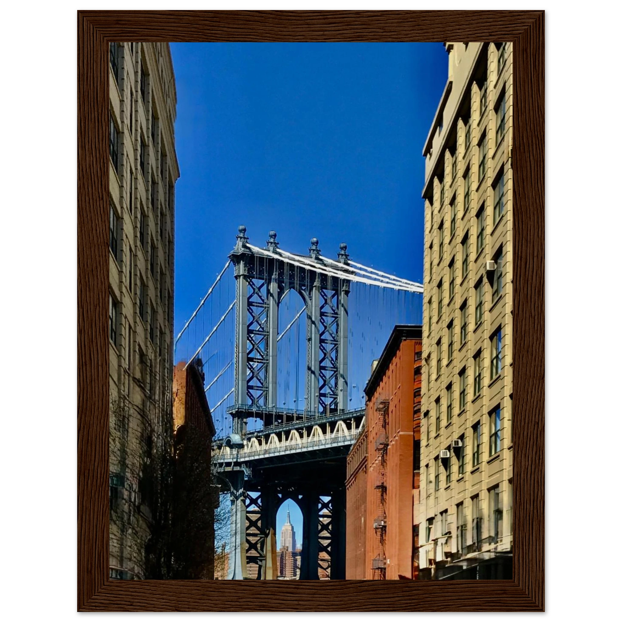 NYC Dumbo skyline wooden framed print by CaliCuration, vibrant wall art featuring iconic New York City views on high-quality print material.