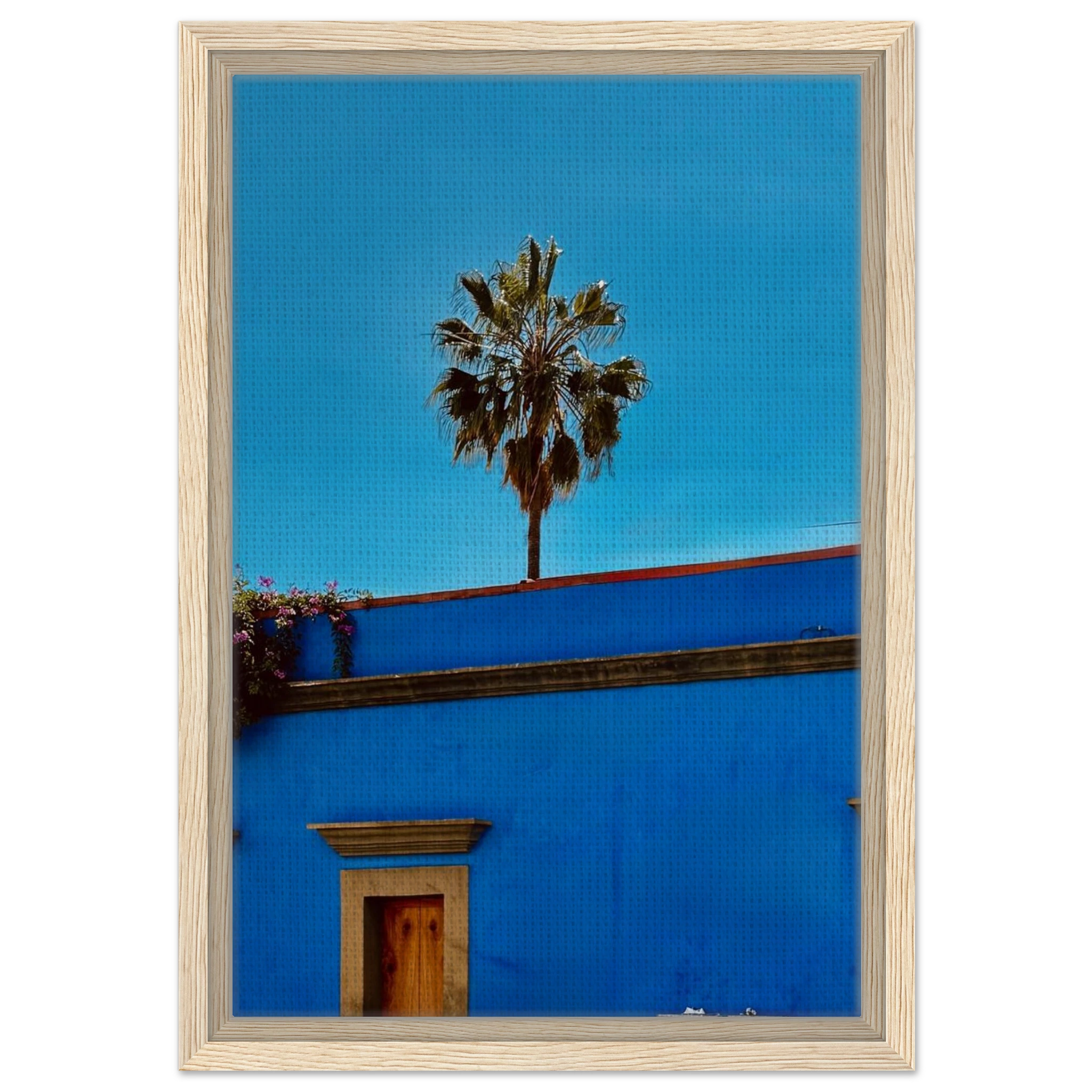 Oaxaca streets with palm trees in blue frame, CaliCuration travel collection print artwork, vibrant Mexican city scene.