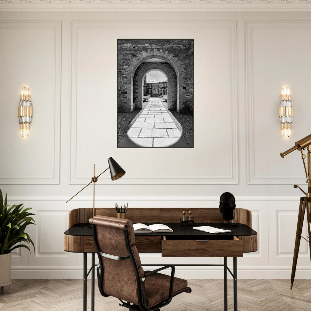 Cotswolds Estate aluminum framed poster featuring black and white summer light and shadows, part of the Travel Collection print series.
