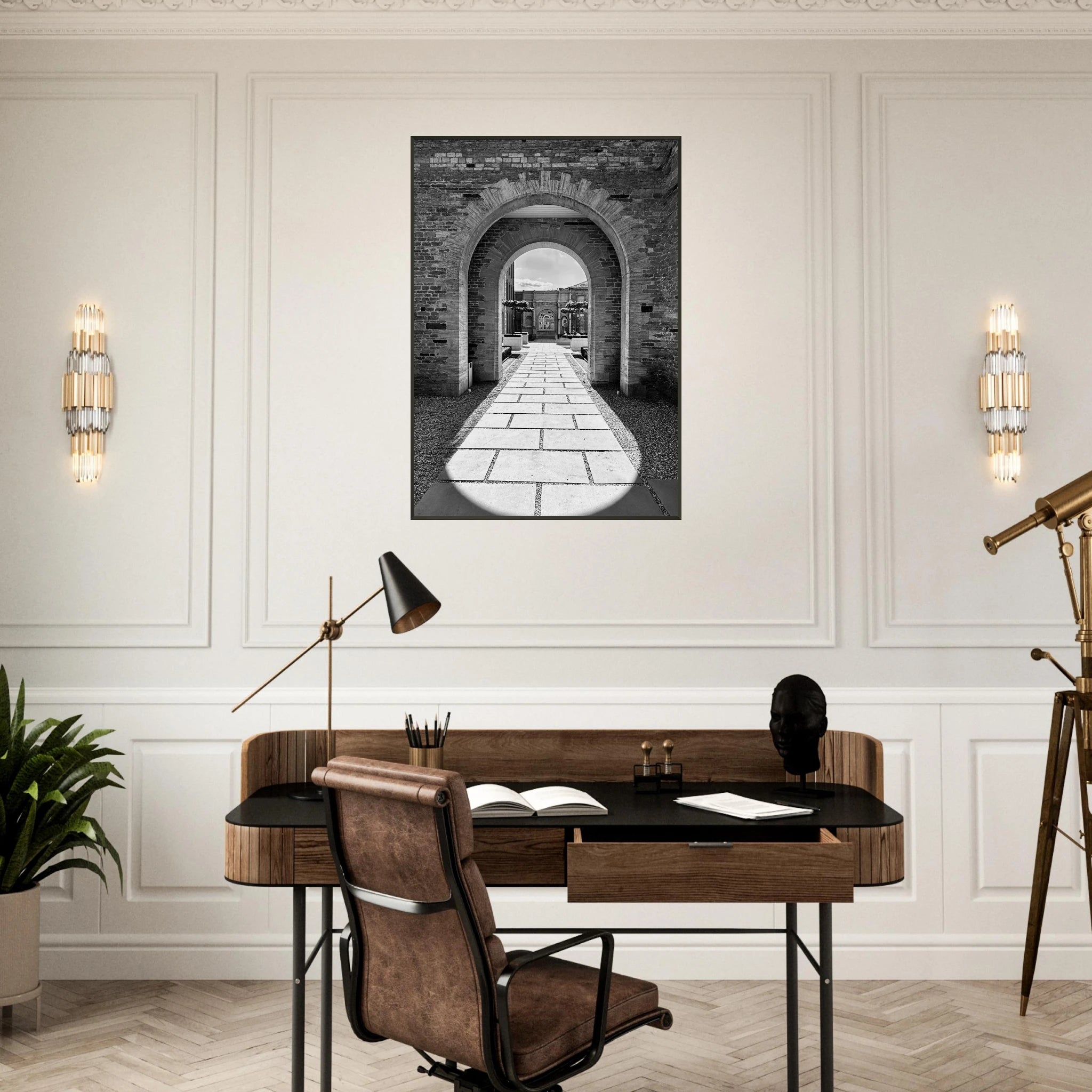Cotswolds Estate aluminum framed poster featuring black and white summer light and shadows, part of the Travel Collection print series.