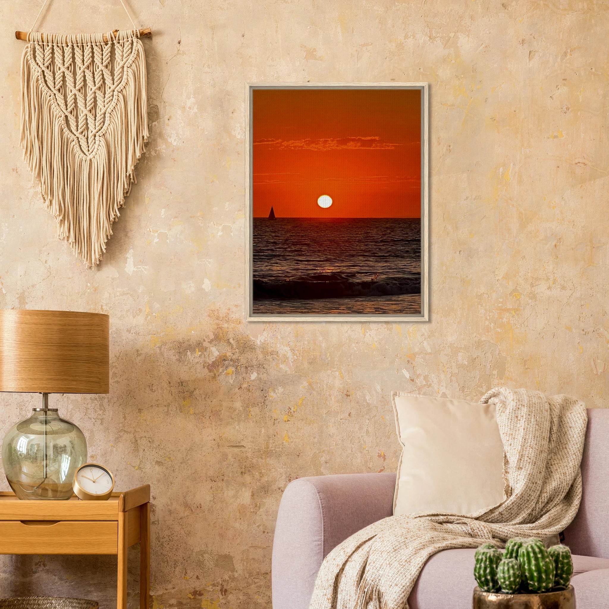 Framed canvas print of California Red Sunset Series 1/3 by CaliCuration, showcasing vibrant red sunset hues and artistic landscape details.