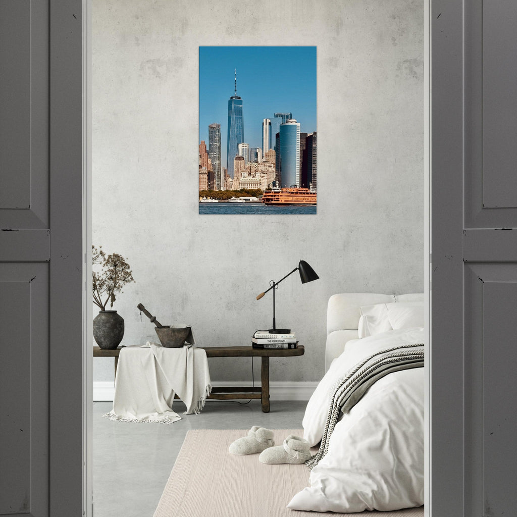 NYC Skyline canvas print featuring the World Trade Center and Staten Island Ferry in the Travel Collection, studio edition.