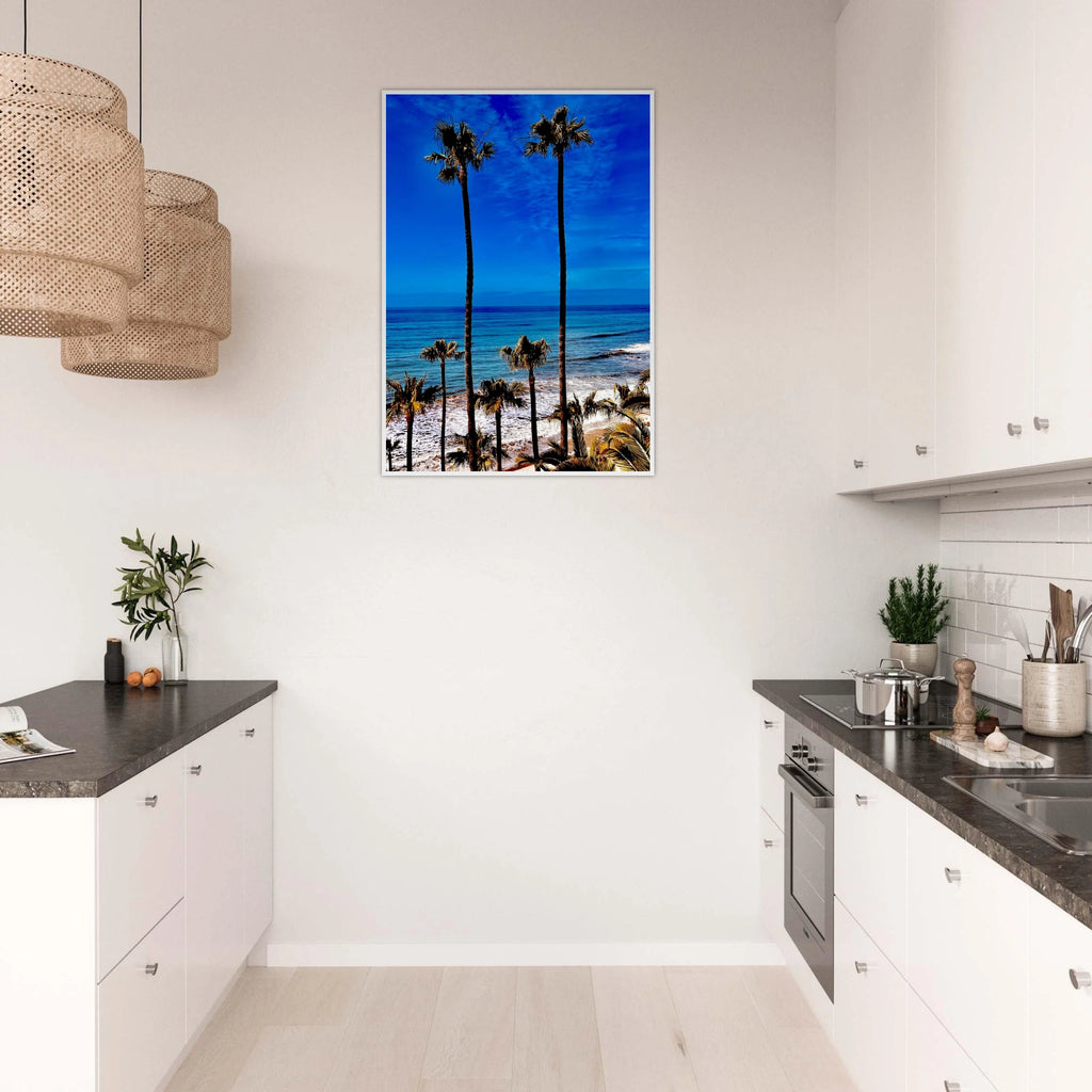 Malibu Palm Tree Family framed poster by CaliCuration, California art print featuring a spring scene with palm trees and vibrant colors.