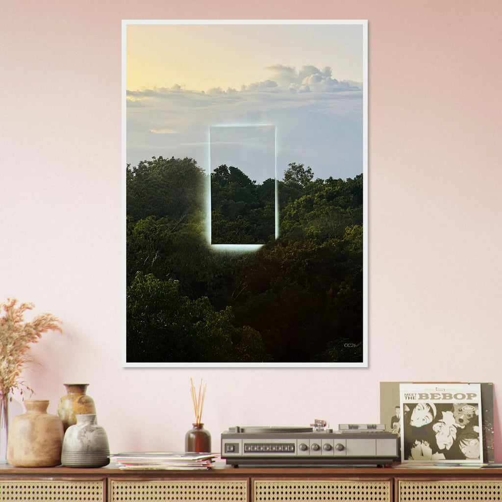 Color print of "A Window into Jungle Stillness" by CaliCuration, showcasing lush jungle scenery in an exclusive edition of 5.