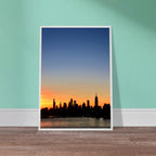 Premium wooden framed print of Manhattan skyline at sunset, featuring vibrant cityscape for stylish home decor.