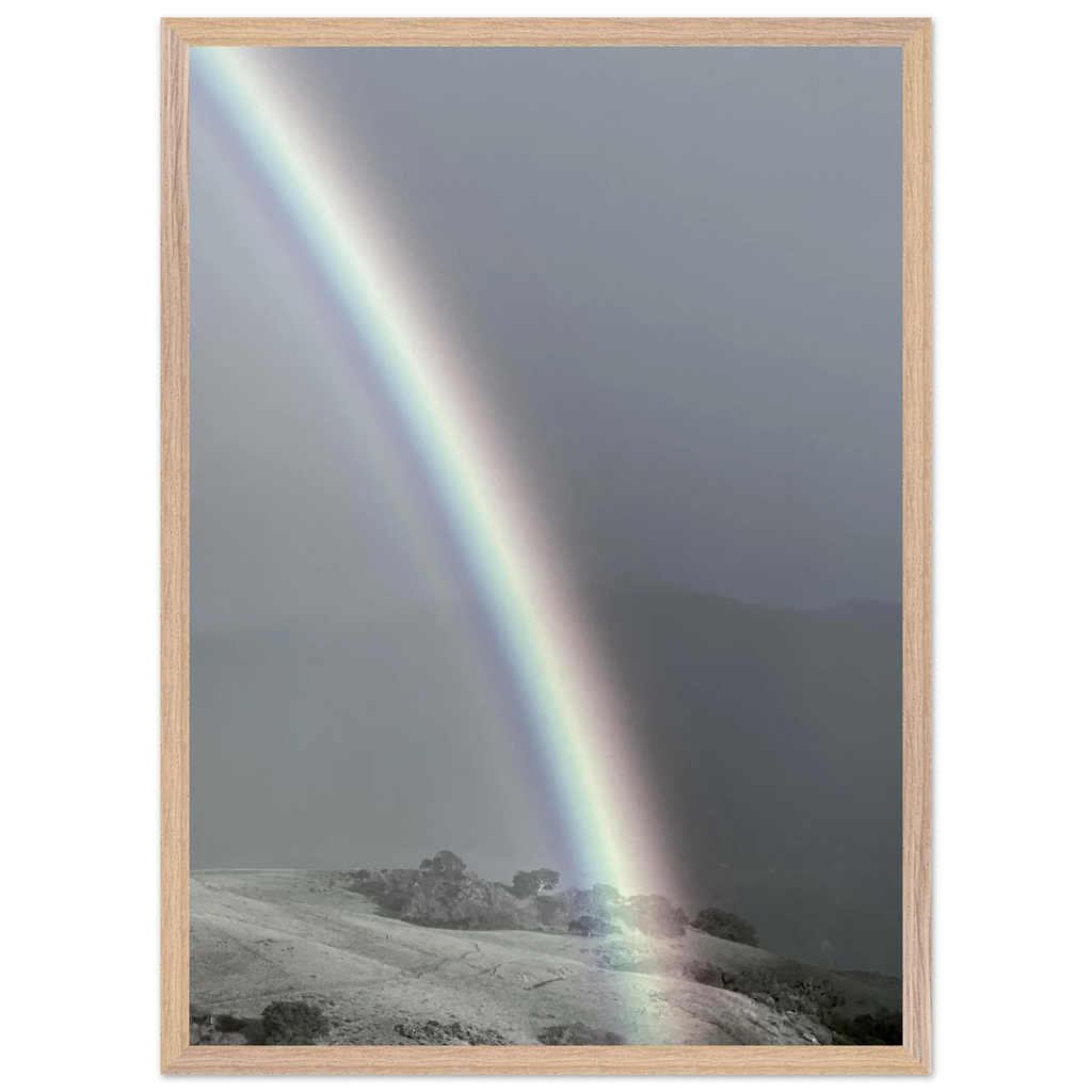 Black and white mounted framed poster of a rainbow after a summer storm, part of the California Central Coast travel collection.