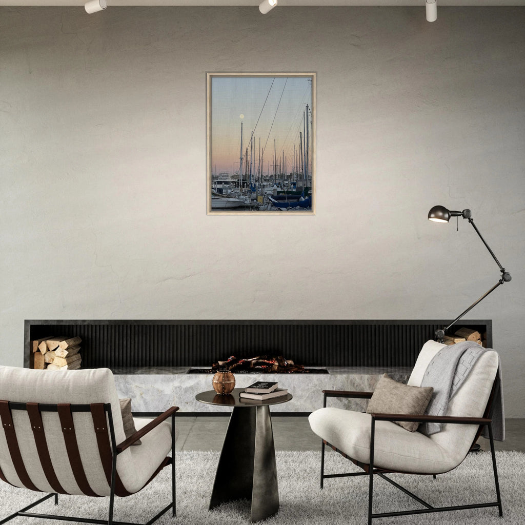 Framed canvas print of Marina Del Rey summer evening with nautical and chic tones, California Canvas Studio Edition artwork.