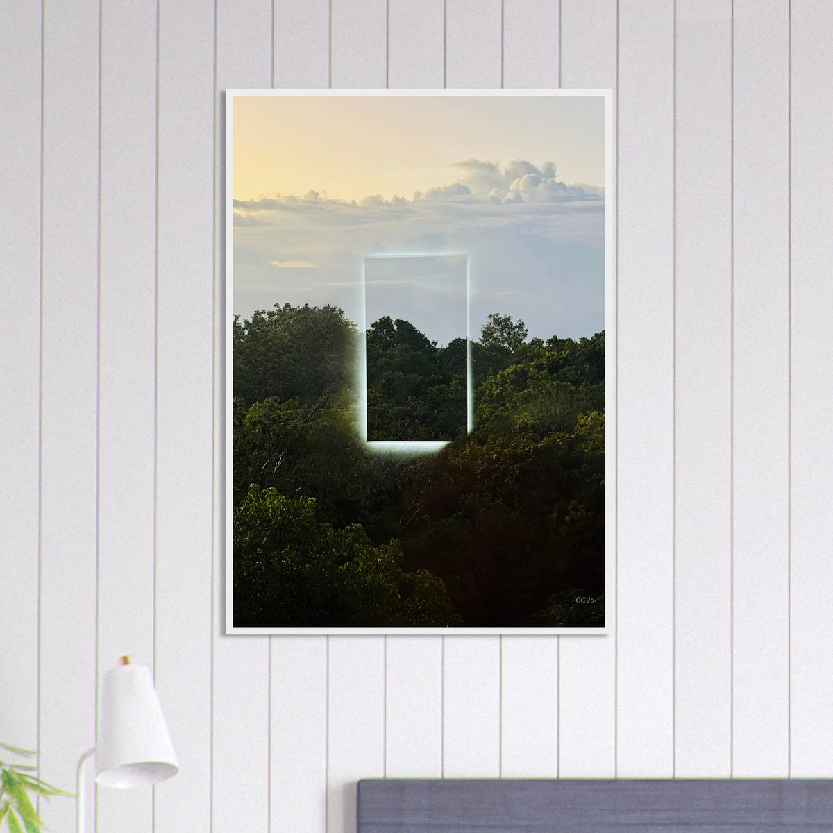 Color print titled "A Window into Jungle Stillness" by CaliCuration, showcasing a vibrant jungle scene with lush greenery.