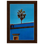 Oaxaca palm tree wall art print by CaliCuration featuring a blue-framed canvas showcasing a Mexican landscape scene