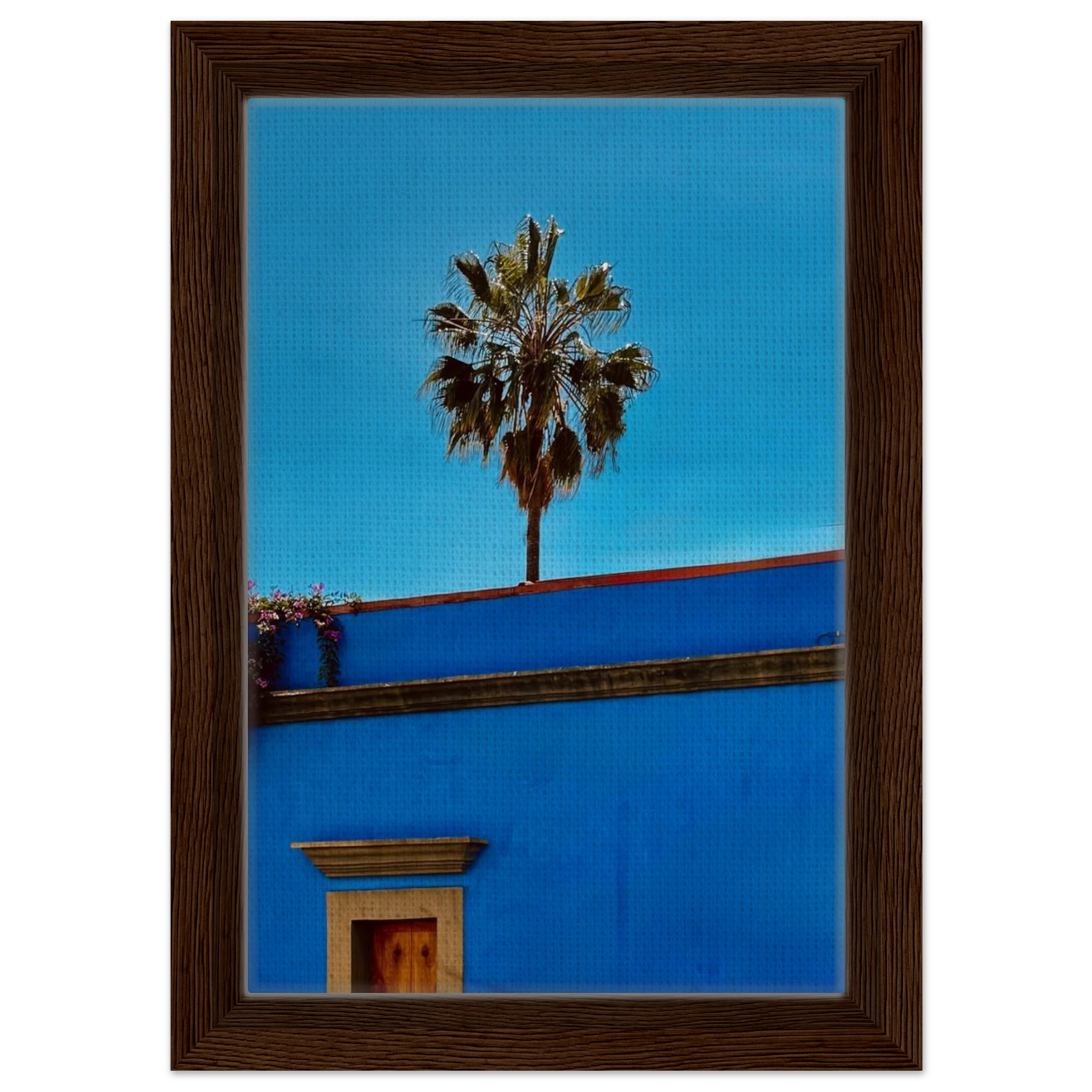 Oaxaca streets with palm trees in blue framed canvas artwork by CaliCuration, part of the Mexico travel collection, studio edition spring 2026.