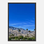 Wooden framed poster of a sunny fall day in Palm Springs, California, featuring vibrant autumn scenery and palm trees.