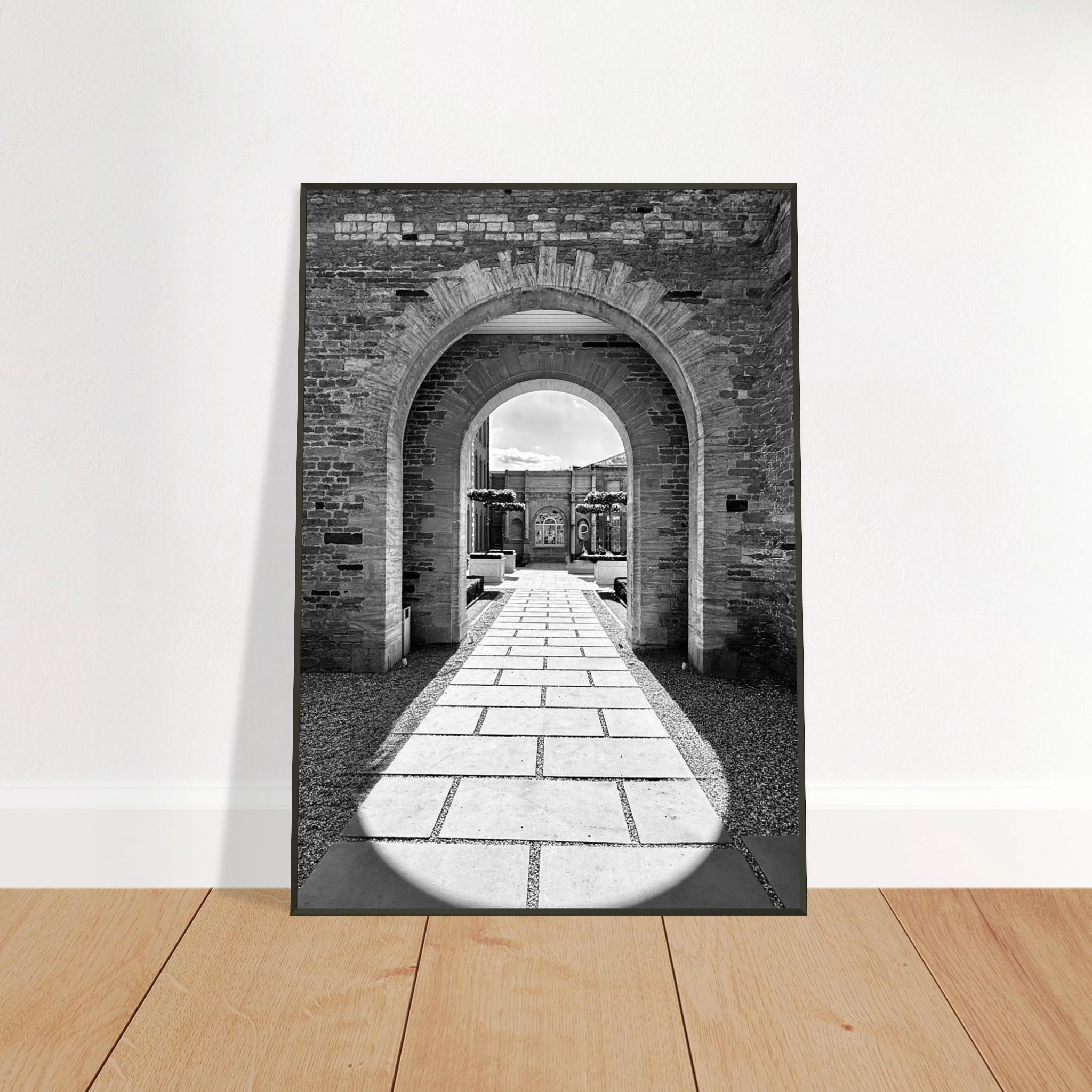 Black and white Cotswolds Estate aluminum framed poster featuring summer light and shadows, part of the Studio Edition travel collection.