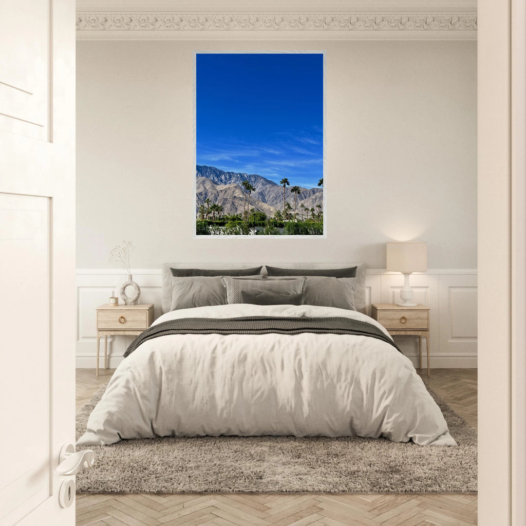 Premium wooden framed print of a sunny fall day in Palm Springs, California, featuring vibrant autumn colors and scenic landscape.