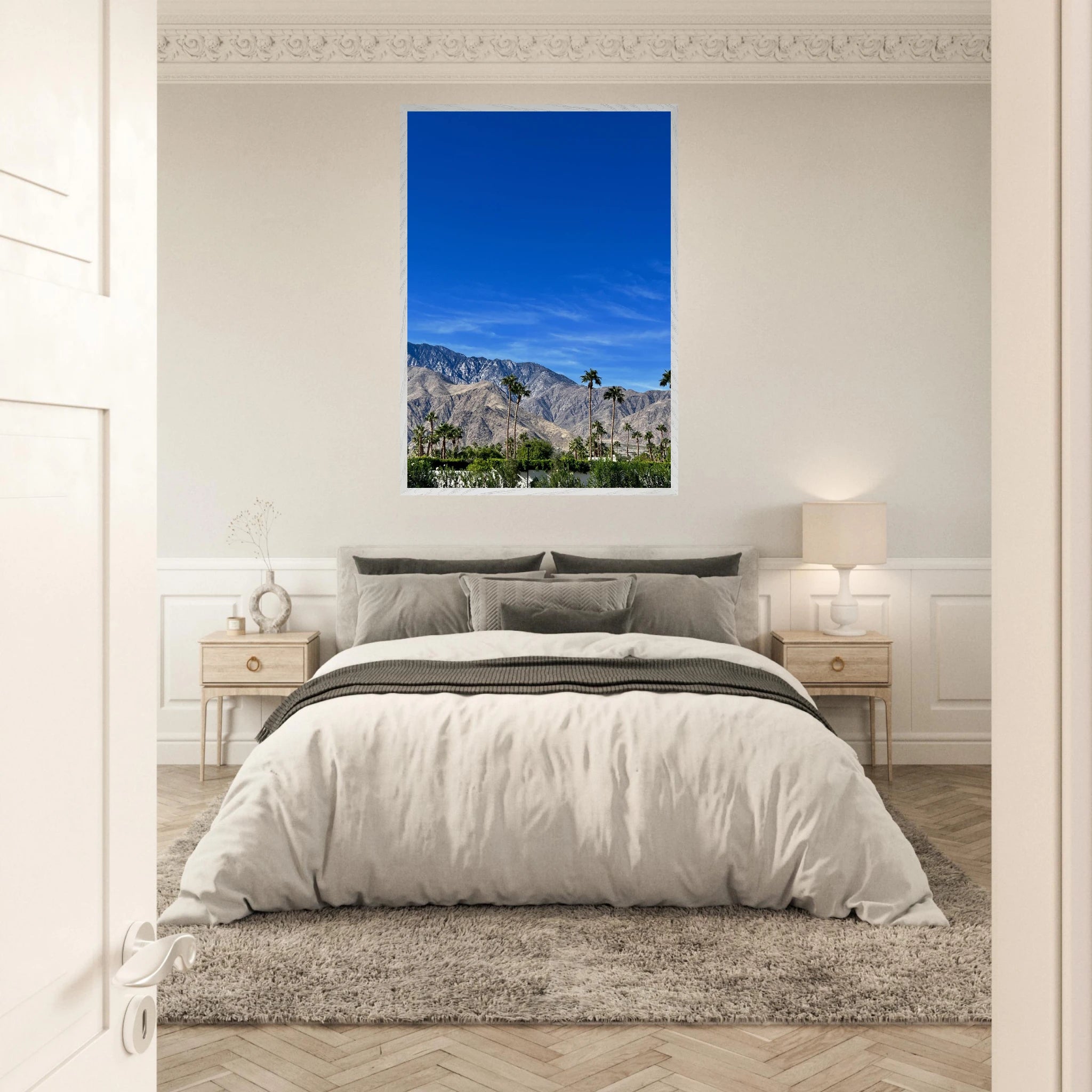 Premium wooden framed print of a sunny fall day in Palm Springs, California, featuring vibrant autumn colors and scenic landscape.