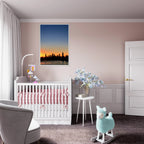 Manhattan Skyline sunset framed poster, NYC wall art print on high-quality material, showcasing a vibrant cityscape at dusk.