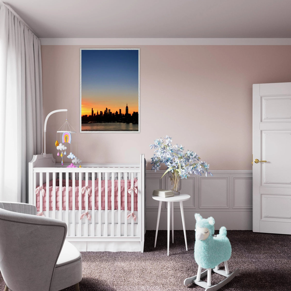 Manhattan Skyline sunset framed poster, NYC wall art print on high-quality material, showcasing a vibrant cityscape at dusk.