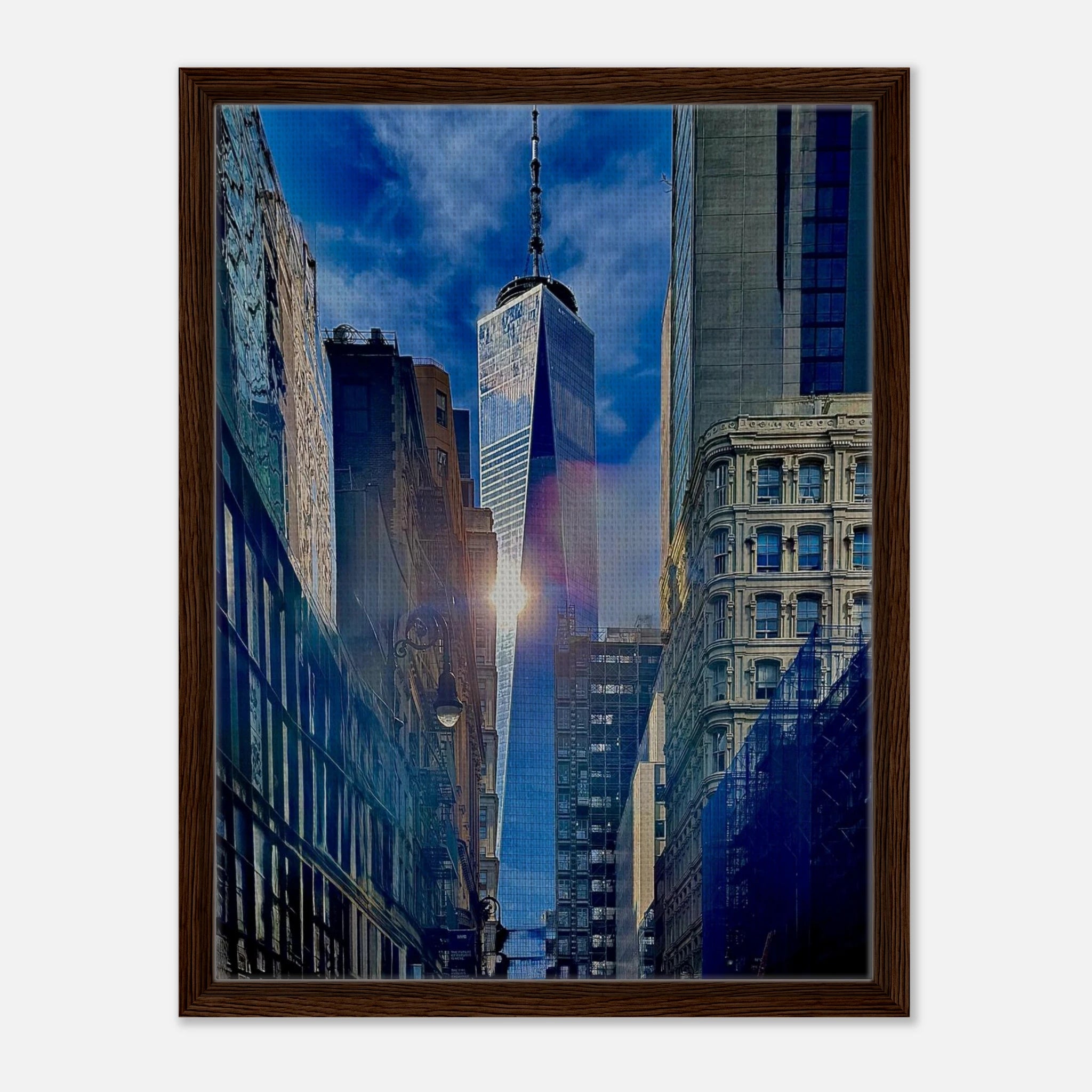 Framed canvas art print of sunlight reflection at One World Trade NYC from the Travel Collection, showcasing vibrant cityscape details.