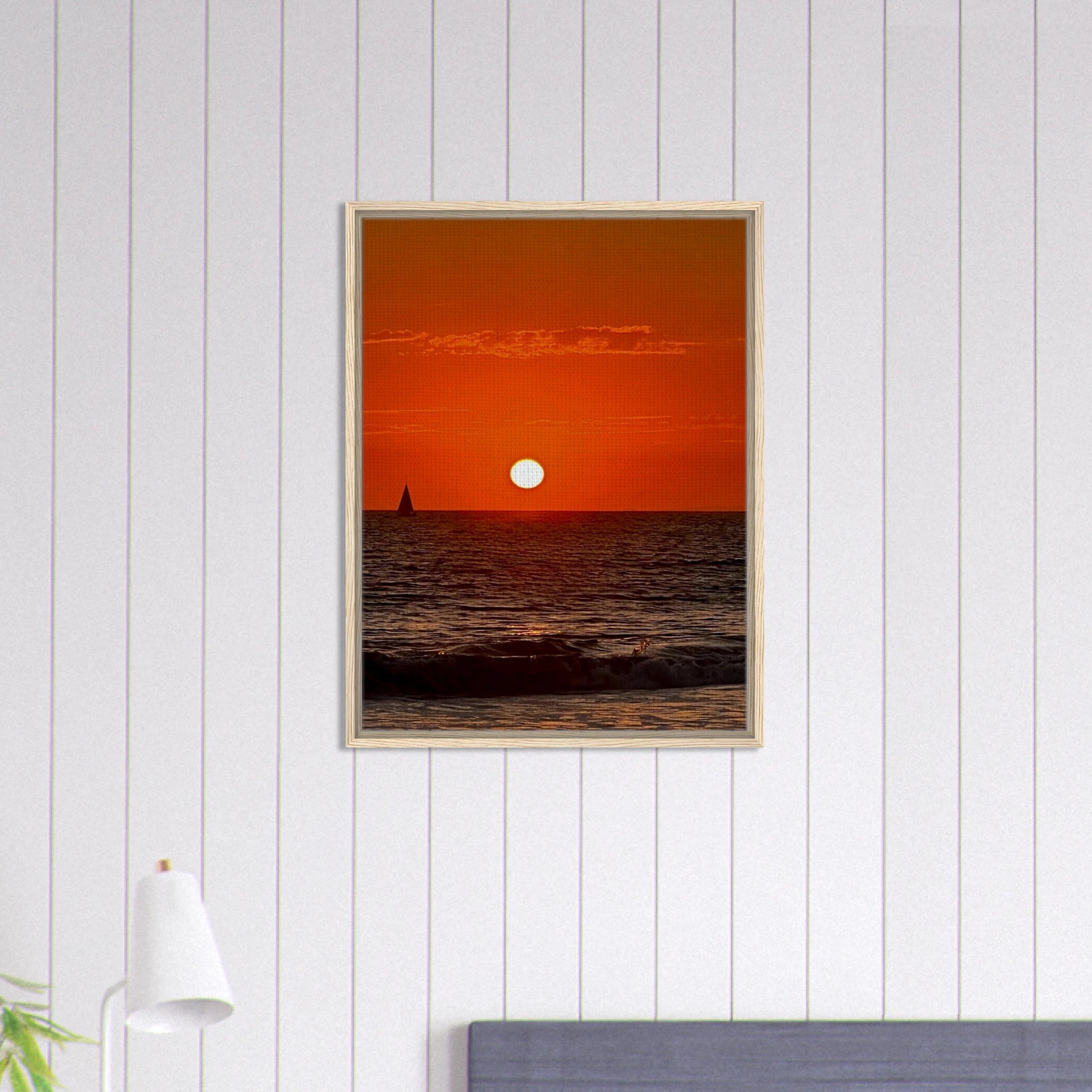 Framed canvas print of California Red Sunset Series 1/3 by CaliCuration showcasing vibrant red sunset hues and artistic studio edition design.